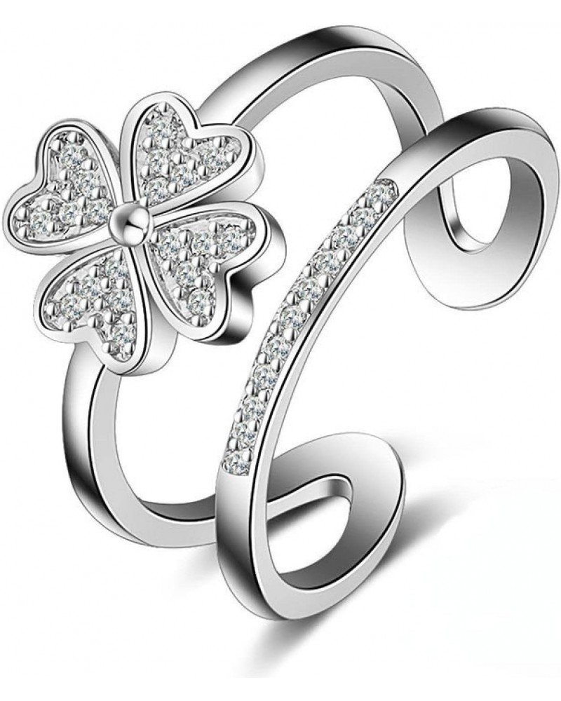 Ladies Sterling Silver Open Ring, Lucky Four Leaf Clover, Inlaid Zirconia, Multilayer Design, Adjustable Size Ring $7.99 Rings