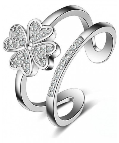 Ladies Sterling Silver Open Ring, Lucky Four Leaf Clover, Inlaid Zirconia, Multilayer Design, Adjustable Size Ring $7.99 Rings