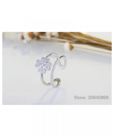 Ladies Sterling Silver Open Ring, Lucky Four Leaf Clover, Inlaid Zirconia, Multilayer Design, Adjustable Size Ring $7.99 Rings