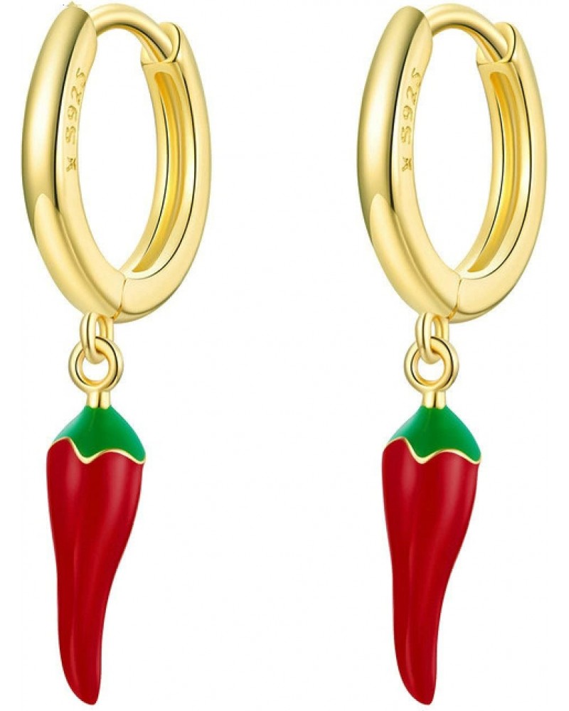 Girls Earrings Red Enamel Chili Pepper Gold Hoop Earrings Cartoon Plant Buckle Earrings for Women Fine Jewelry 925 Sterling S...