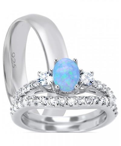 His Hers Sterling Silver TRIO Wedding Set Blue Opal White Topaz Gemstone Bridal Rings Him Her His 10 - Her 10 $56.35 Sets