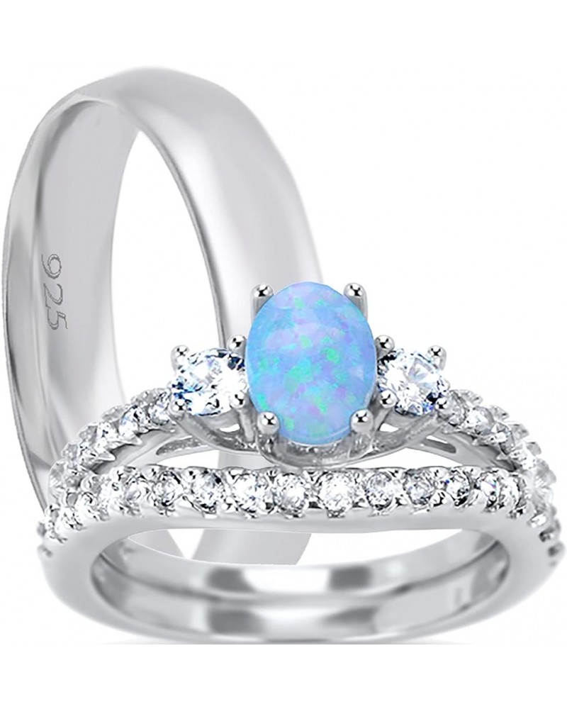 His Hers Sterling Silver TRIO Wedding Set Blue Opal White Topaz Gemstone Bridal Rings Him Her His 10 - Her 10 $56.35 Sets