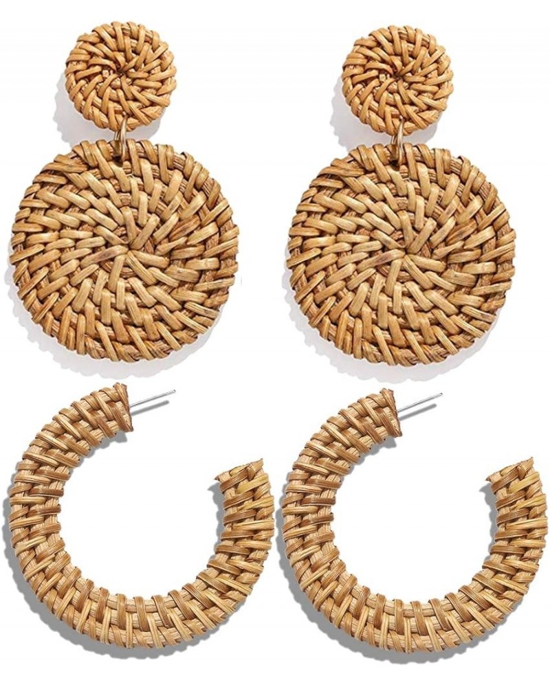 Rattan Earrings Statement Hoop Earrings for Women Straw Earrings Woven Dangle Drop Earrings (Rattan Earrings Set) A Rattan Ea...