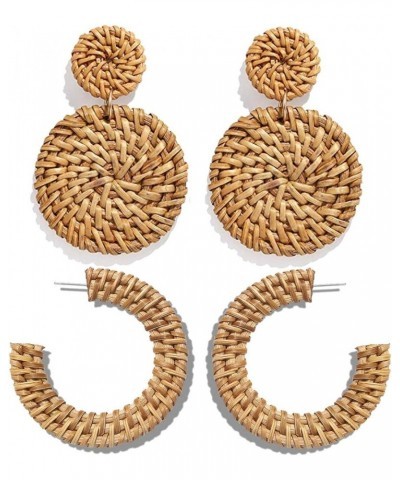 Rattan Earrings Statement Hoop Earrings for Women Straw Earrings Woven Dangle Drop Earrings (Rattan Earrings Set) A Rattan Ea...