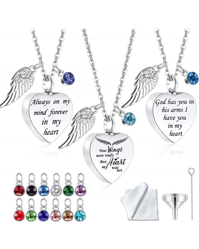 3 pieces Heart Cremation Urn Necklace for Ashes Memorial Keepsake Pendant with Angel Wing Birthstone Stainless Steel Remembra...