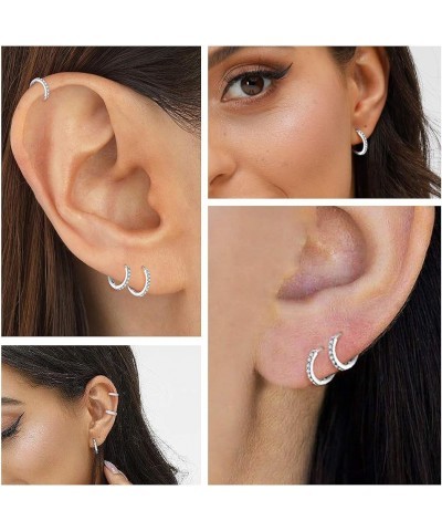 3 Pairs Sterling Silver Small Hoop Earrings Cubic Zirconia Cuff Earrings | Tiny Cartilage Huggie Hoop Earrings Piercing Jewel...