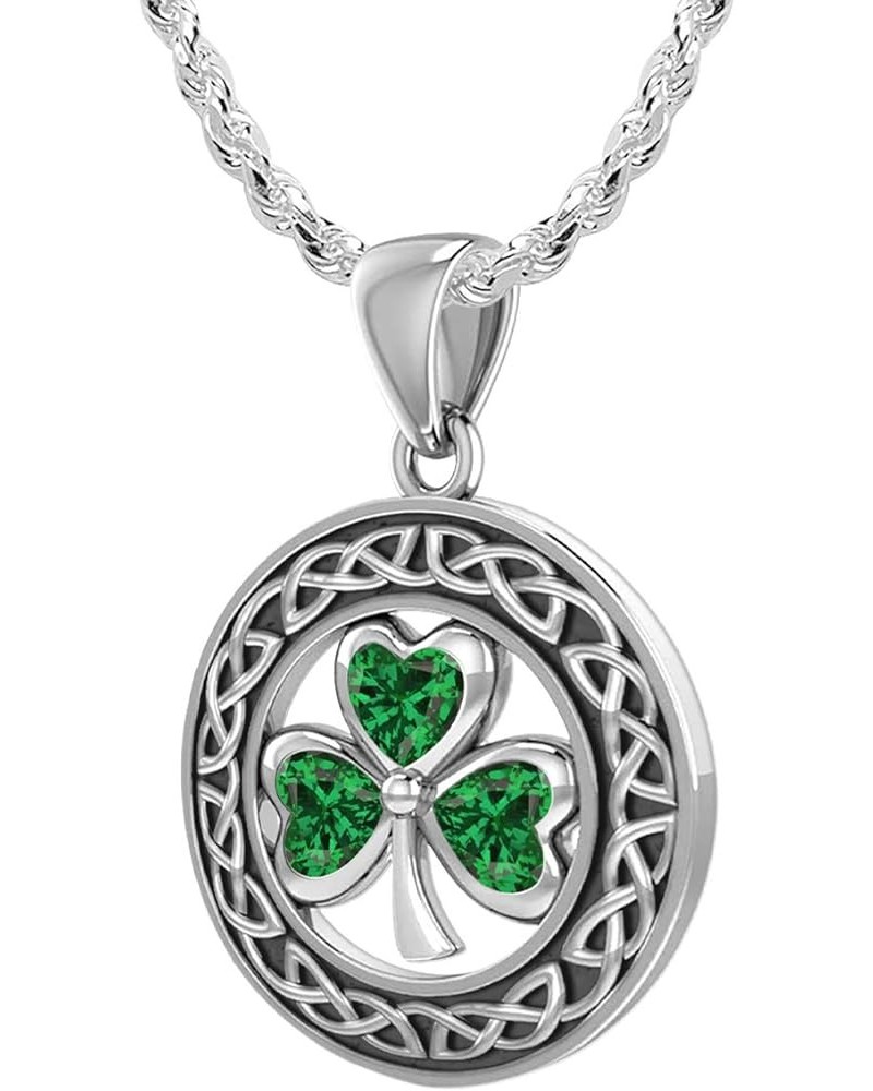 And Gems Ladies 925 Sterling Silver Simulated Emerald Irish Shamrock Clover Pendant Necklace, 18" to 24 18in 2.4mm Rope Chain...