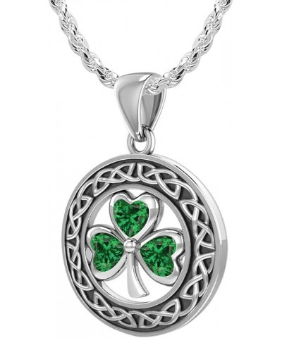 And Gems Ladies 925 Sterling Silver Simulated Emerald Irish Shamrock Clover Pendant Necklace, 18" to 24 18in 2.4mm Rope Chain...