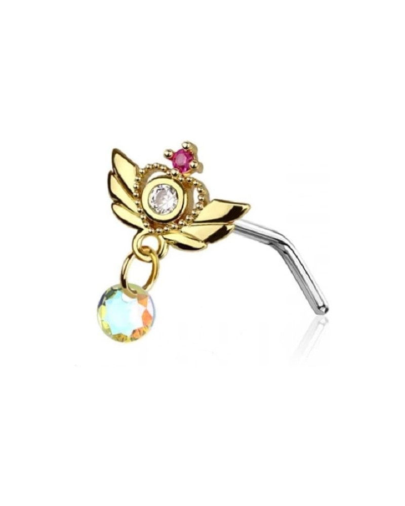 20GA 316L Stainless Steel Winged Heart with Dangling Gem L-Bend Nose Stud Gold Tone $9.23 Body Jewelry