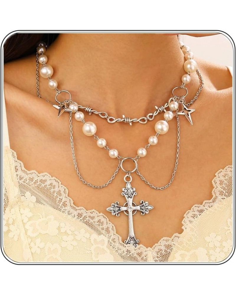 Vintage Pearl Cross Necklace for Women Gothic Cross Necklace Cubic Zirconia Pearl Chain Beads Necklace Pearl Cross Multilayer...