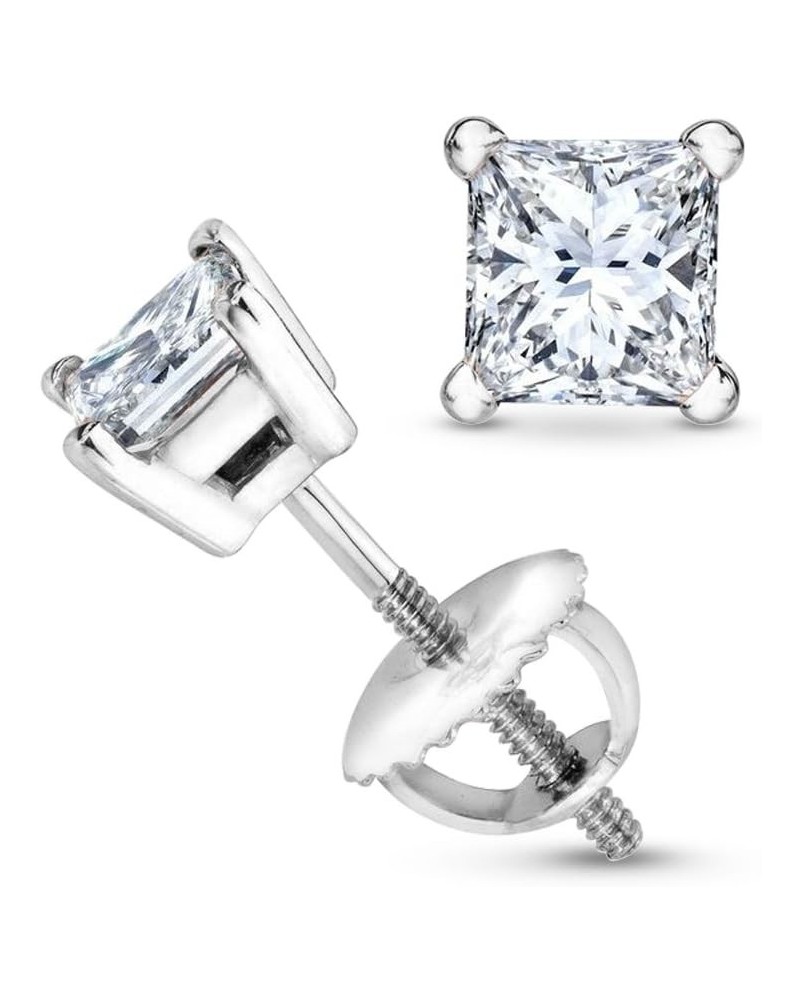 1/2-2 Carat Total Weight Princess Diamond Stud Earrings 4 Prong Screw Back (I-J Color I1-I2 Clarity) 2.0 Carat 14K White Gold...