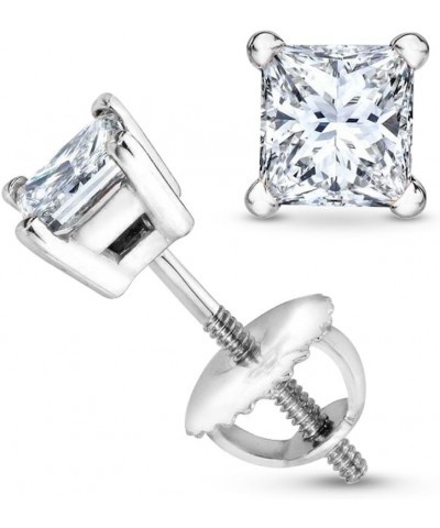 1/2-2 Carat Total Weight Princess Diamond Stud Earrings 4 Prong Screw Back (I-J Color I1-I2 Clarity) 2.0 Carat 14K White Gold...