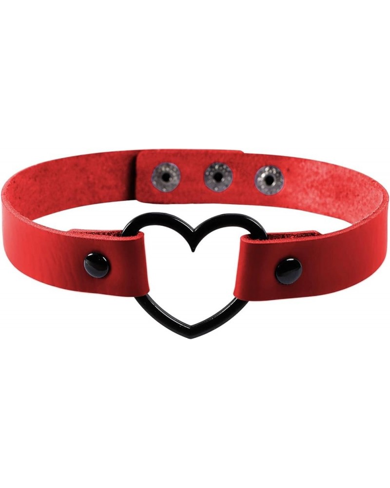 Heart Punk PU Leather Choker Necklace for Women Gothic Vintage Retro Style Button Adjustable Red - Black $9.68 Necklaces