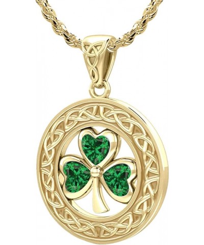 Ladies Solid 14k Yellow Gold 21mm Irish Shamrock 3 Leaf Clover Synthetic Emerald May Birthstone Pendant Necklace, 16in to 24i...