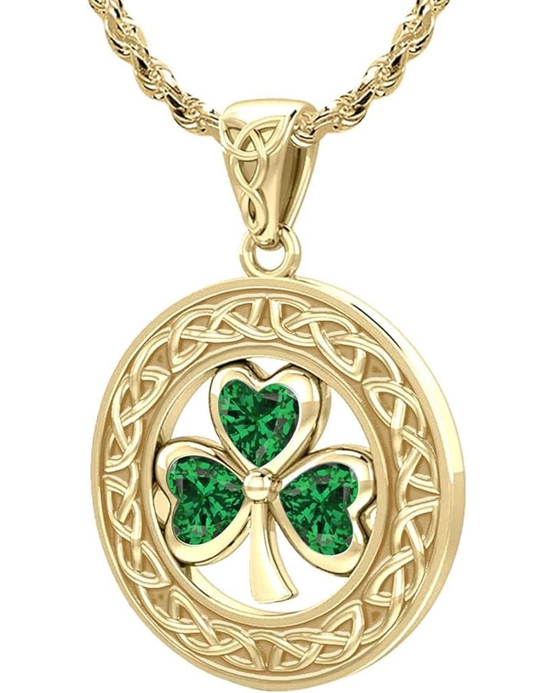 Ladies Solid 14k Yellow Gold 21mm Irish Shamrock 3 Leaf Clover Synthetic Emerald May Birthstone Pendant Necklace, 16in to 24i...