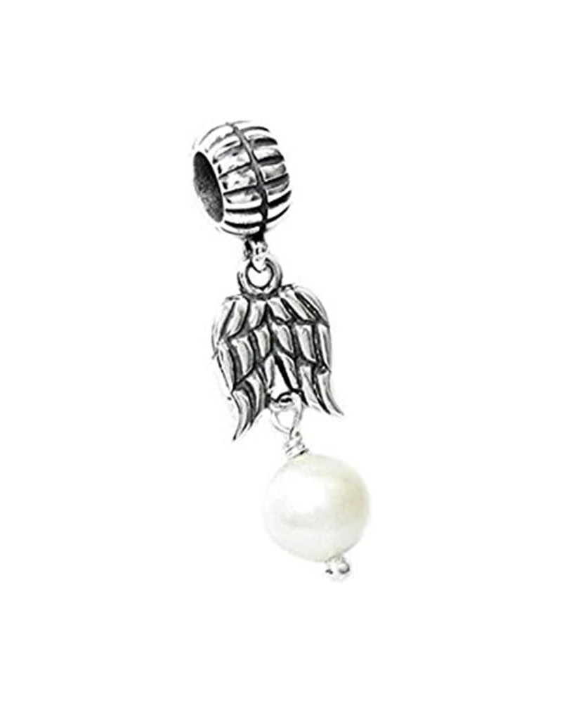 Dangle Guardian Wing Charm - 925 Sterling Silver&White Freshwater Pearl Beads- European Bead Charm $12.47 Bracelets