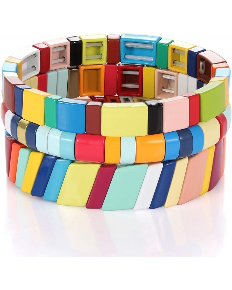 Rainbow Enamel Tile Bracelet Colorful Enameled Beaded Stretch Bracelet Stackable Color-Block Strand Bracelet Set for Women Me...