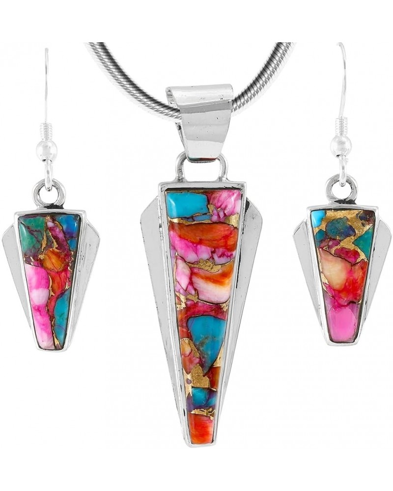 925 Sterling Silver Matching Pendant & Earrings Set Genuine Gemstones 20" Necklace Rainbow Turquoise $28.62 Necklaces