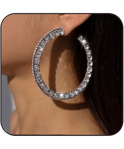 Rhinestone Hoop Earrings Large Silver Dangle Hoop Earring Big Round Loops Earrings Party Ear Jewelry for Women and Girls $9.5...