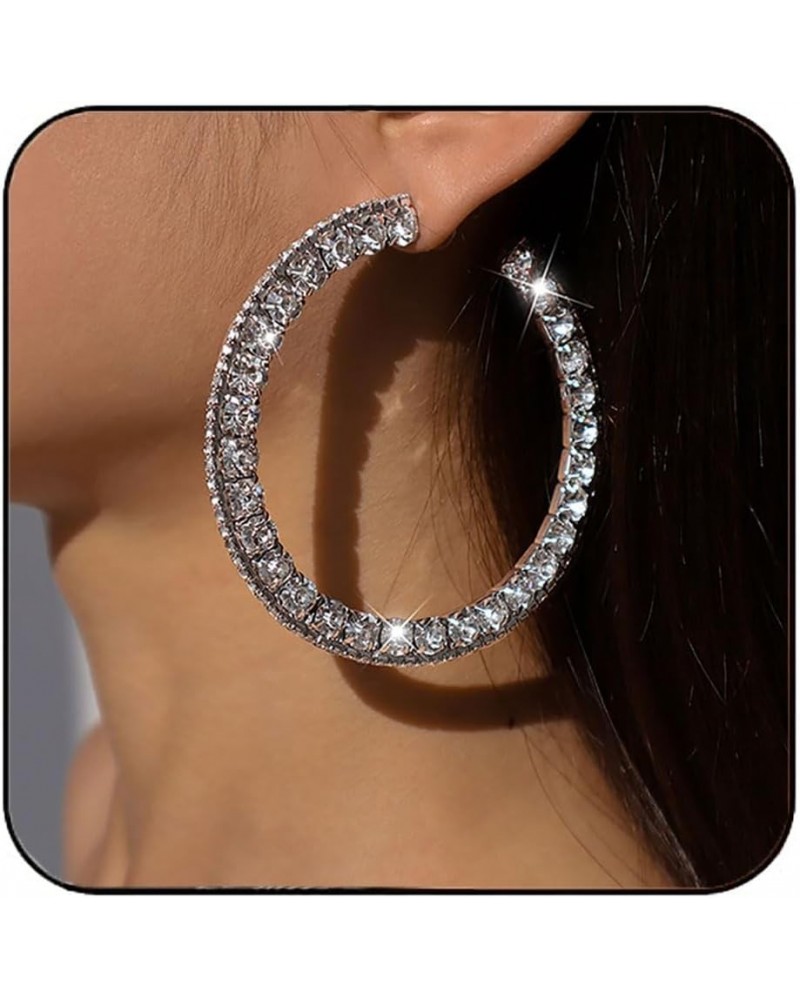 Rhinestone Hoop Earrings Large Silver Dangle Hoop Earring Big Round Loops Earrings Party Ear Jewelry for Women and Girls $9.5...