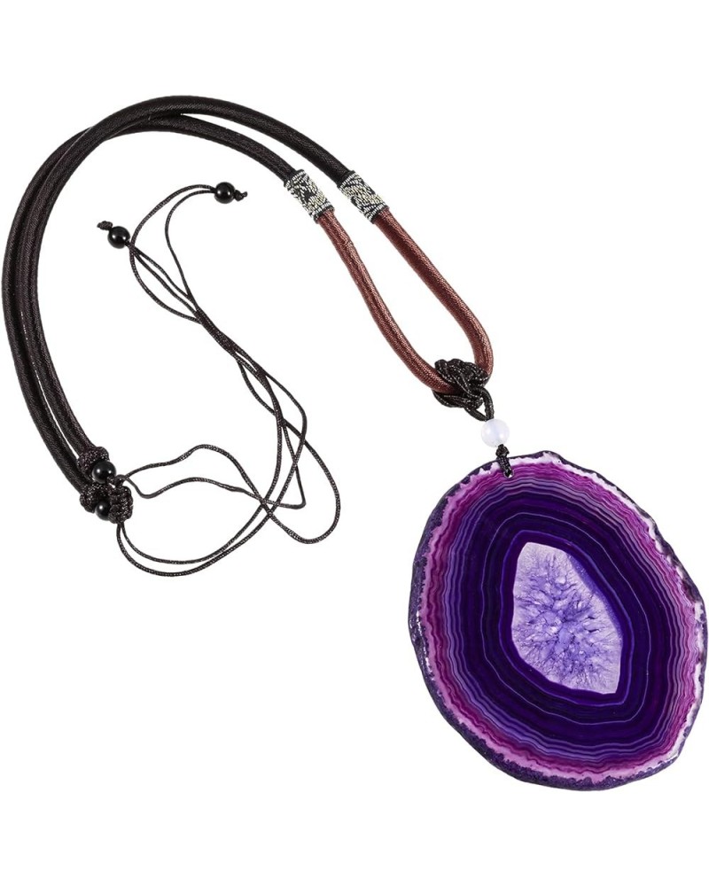 Agate Slice Pendant Necklace Amulet Reiki Healing Crystal Stone with Nylon Cord Handmade Jewelry for Women Purple $9.84 Neckl...