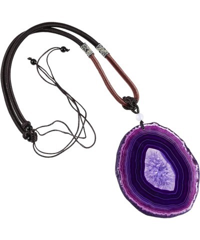 Agate Slice Pendant Necklace Amulet Reiki Healing Crystal Stone with Nylon Cord Handmade Jewelry for Women Purple $9.84 Neckl...