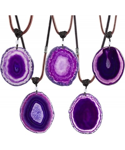 Agate Slice Pendant Necklace Amulet Reiki Healing Crystal Stone with Nylon Cord Handmade Jewelry for Women Purple $9.84 Neckl...