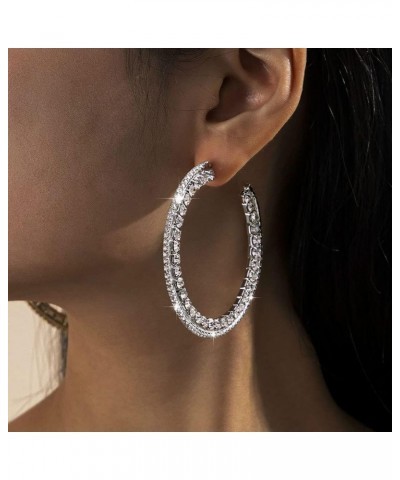 Rhinestone Hoop Earrings Large Silver Dangle Hoop Earring Big Round Loops Earrings Party Ear Jewelry for Women and Girls $9.5...