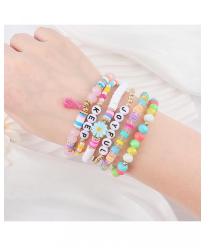 Inspirational Clay Bead Bracelets for Women Girls Preppy Surfer Heishi Bracelets Set Macaron Color Stackable Bracelets Colorf...