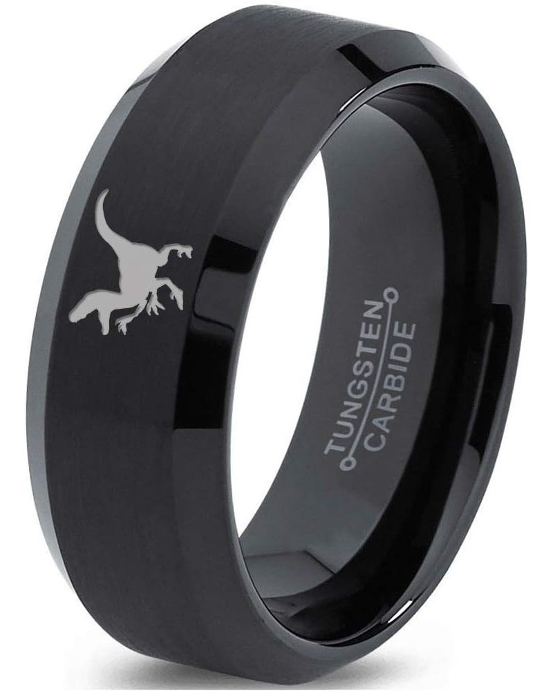 Velociraptor Dinosaur Jurrasic Dino Ring - Tungsten Band 8mm - Men - Women - 18k Rose Gold Step Bevel Edge - Yellow - Grey - ...