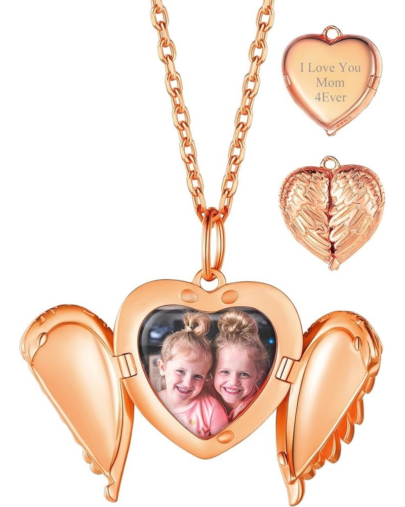 Angel Wing Locket Necklace That Holds Picture for Women,Gold/Rose Gold/Black 925 Sterling Silver Heart Lockets with Chain 16"...