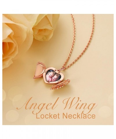 Angel Wing Locket Necklace That Holds Picture for Women,Gold/Rose Gold/Black 925 Sterling Silver Heart Lockets with Chain 16"...