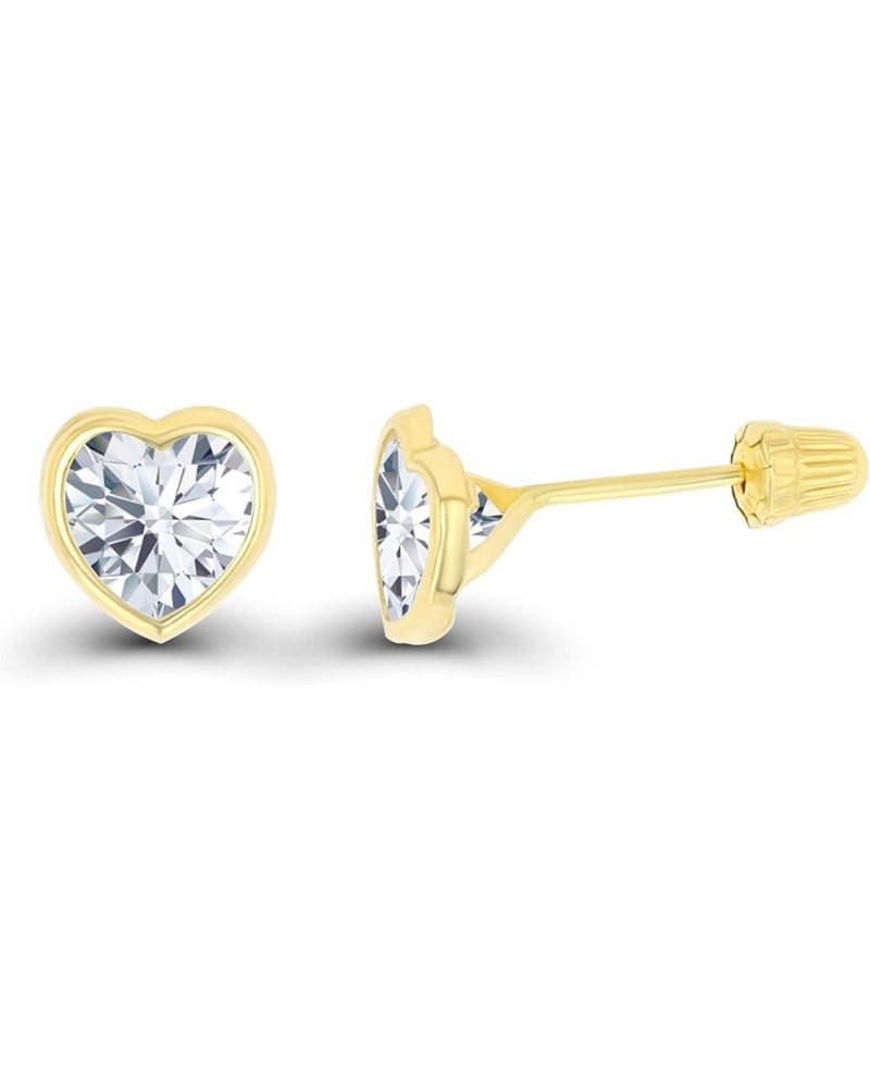 Solid 14K Gold Hypoallergenic 4mm Heart Shaped Birthstone Polished Bezel Screw Back Stud Earrings Created-White-Sapphire Yell...