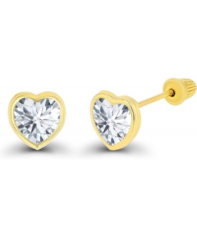 Solid 14K Gold Hypoallergenic 4mm Heart Shaped Birthstone Polished Bezel Screw Back Stud Earrings Created-White-Sapphire Yell...