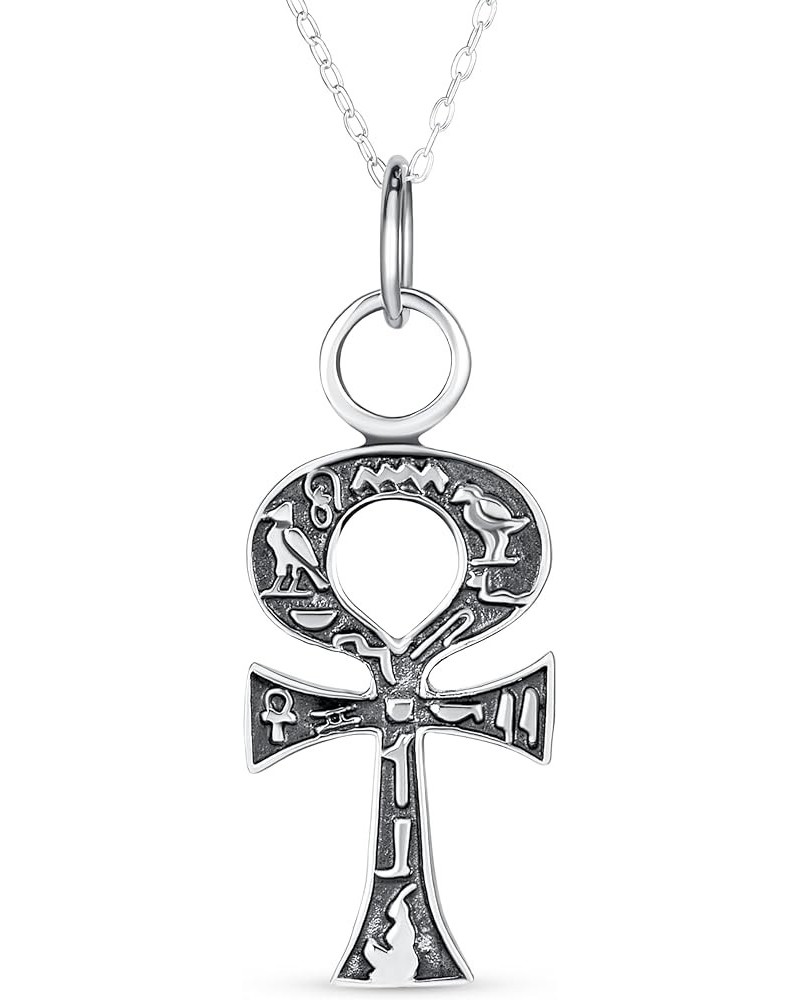 Unisex Religious Egyptian Hieroglyphs Key To Life Traditional Egyptian Ankh Cross Pendant Necklace For Women Men Oxidized .92...