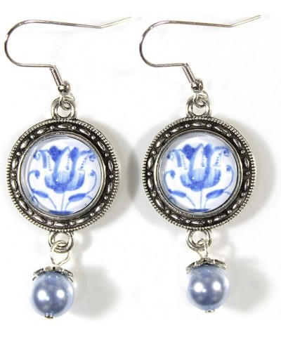 'Delftware Lover', Various Blue and White Delftware Cabochon Dangle Earrings Tulip $13.97 Earrings