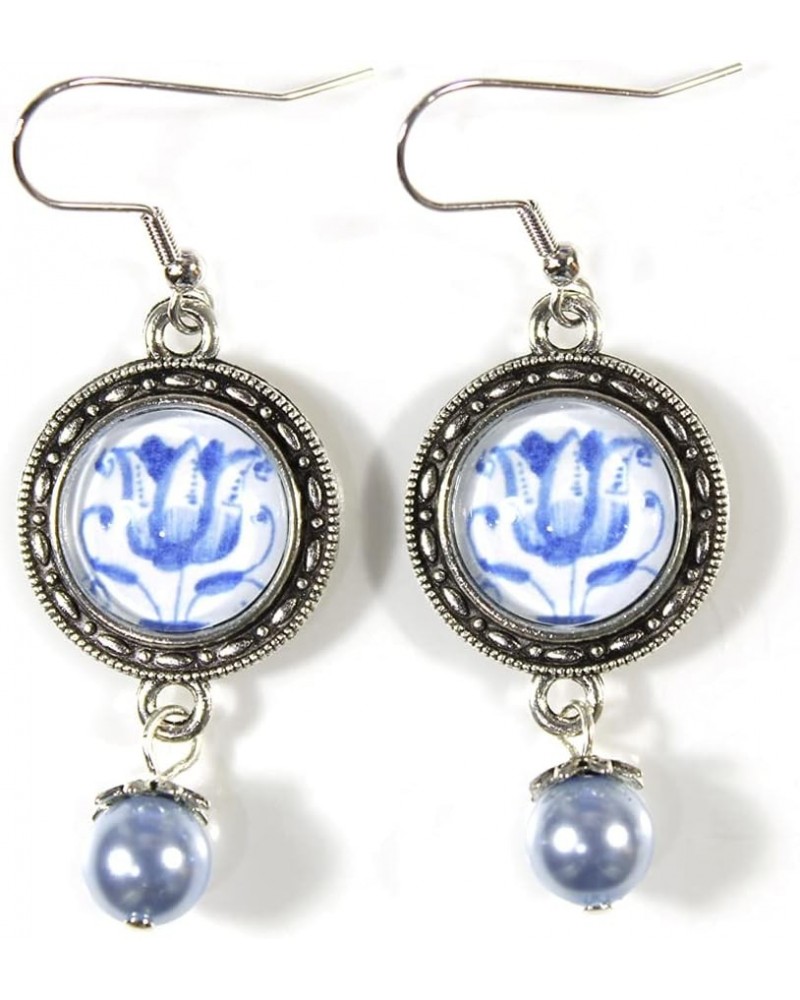 'Delftware Lover', Various Blue and White Delftware Cabochon Dangle Earrings Tulip $13.97 Earrings