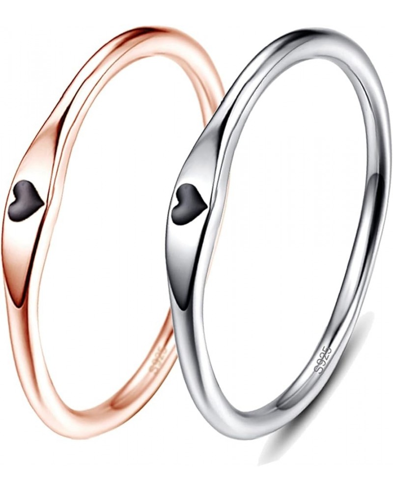 925 Sterling Silver Simple Carve Heart Wedding Band Stackable Promise Ring for Her Size 5-10 8.5 2 PCS Silver-Black&Rose Gold...