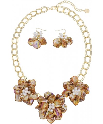 Mother of Pearl Flower Bib Statement Necklace Floral Shell Chain Costume Jewelry for Women Brown-AB $11.19 Necklaces