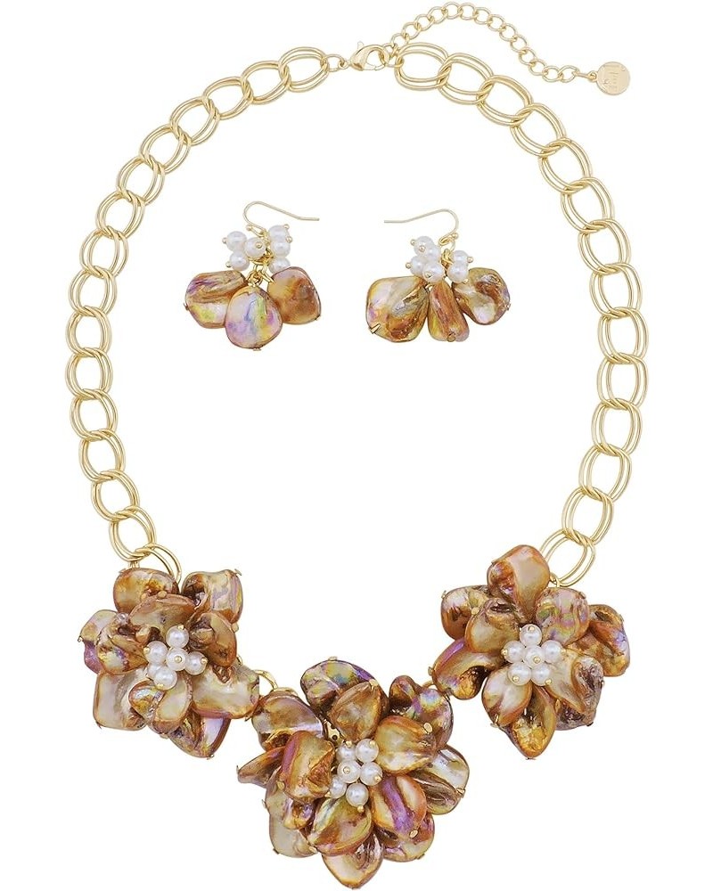 Mother of Pearl Flower Bib Statement Necklace Floral Shell Chain Costume Jewelry for Women Brown-AB $11.19 Necklaces