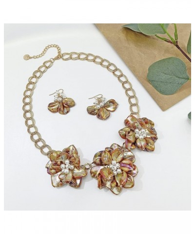 Mother of Pearl Flower Bib Statement Necklace Floral Shell Chain Costume Jewelry for Women Brown-AB $11.19 Necklaces