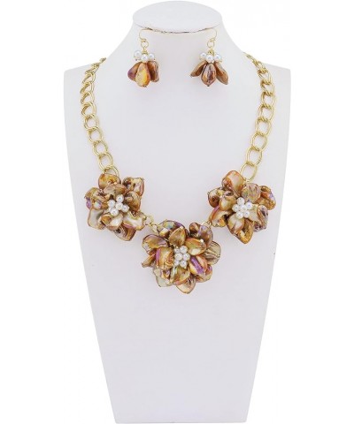 Mother of Pearl Flower Bib Statement Necklace Floral Shell Chain Costume Jewelry for Women Brown-AB $11.19 Necklaces