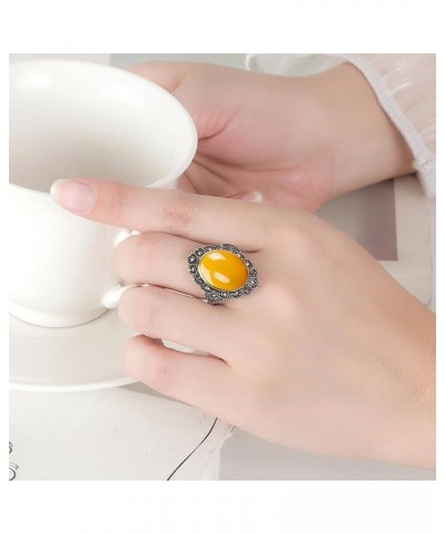 Genuine Agate Stone Ring for Women,S925 Sterling Silver Retro Adjustable Natural Oval Quartz Crystal Gemstone Turkish Stone R...