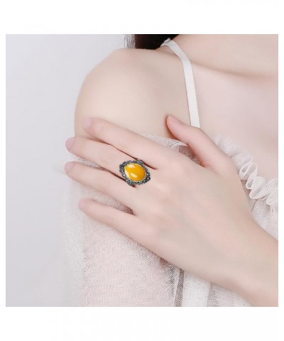 Genuine Agate Stone Ring for Women,S925 Sterling Silver Retro Adjustable Natural Oval Quartz Crystal Gemstone Turkish Stone R...