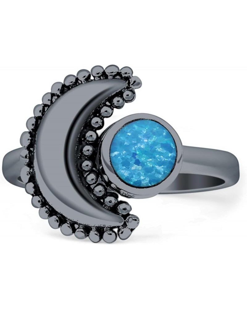 Crescent Moon Ring Oxidized Beaded Fashion Statement Thumb Ring 925 Sterling Silver Created Blue Opal Black Tone Sterling Sil...