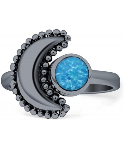 Crescent Moon Ring Oxidized Beaded Fashion Statement Thumb Ring 925 Sterling Silver Created Blue Opal Black Tone Sterling Sil...