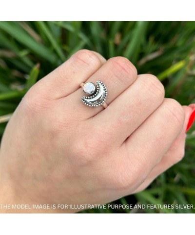 Crescent Moon Ring Oxidized Beaded Fashion Statement Thumb Ring 925 Sterling Silver Created Blue Opal Black Tone Sterling Sil...