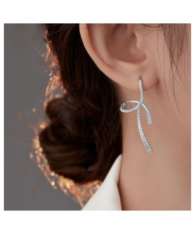 Sterling Silver CZ Bow Dangle Earrings for Women Teen Girls Elegant Bow Drop Earrings Threader A-Silver $9.66 Earrings