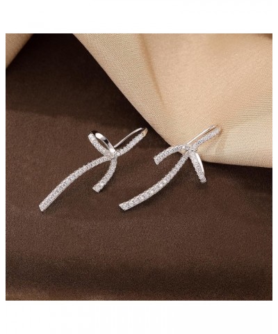 Sterling Silver CZ Bow Dangle Earrings for Women Teen Girls Elegant Bow Drop Earrings Threader A-Silver $9.66 Earrings