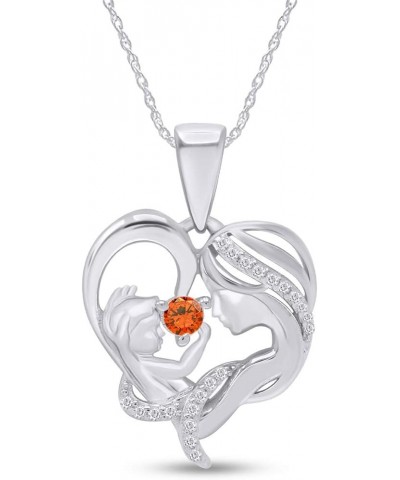 Round Cut Simulated Birthstone & White Cubic Zirconia Mom with Child Heart Pendant Necklace in 14K White Gold Over Sterling S...